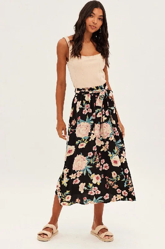 Black Floral High Waist Front Slit Floral Midi Skirt