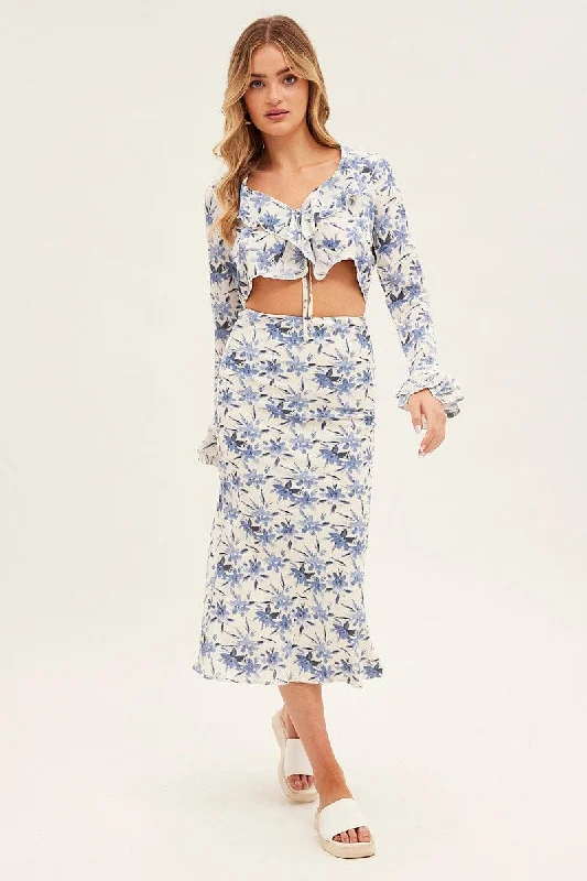 Blue Floral Midi Skirt Slip Floral Print