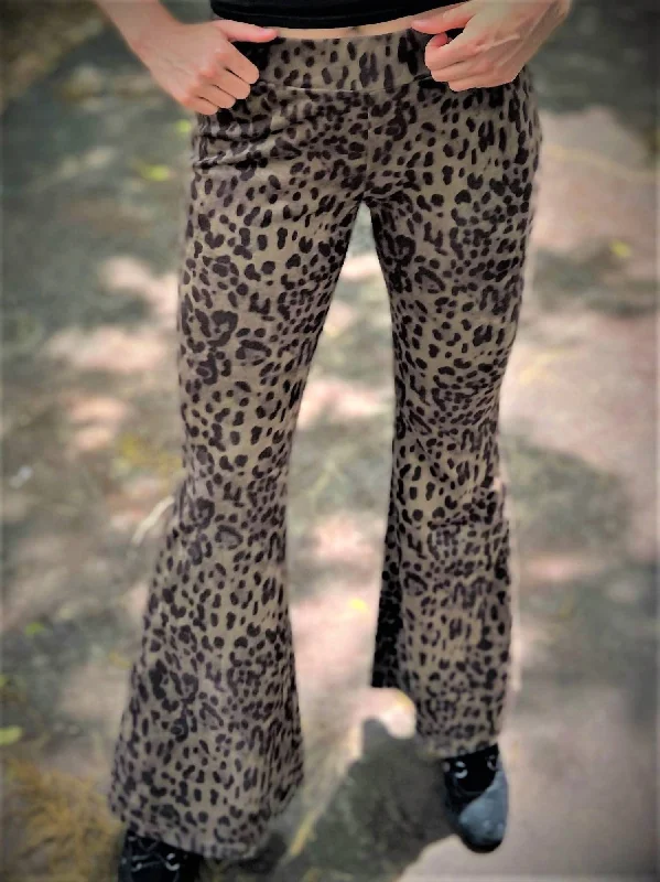 Faux Suede Leopard Bell Bottom Pants In Leopard Print