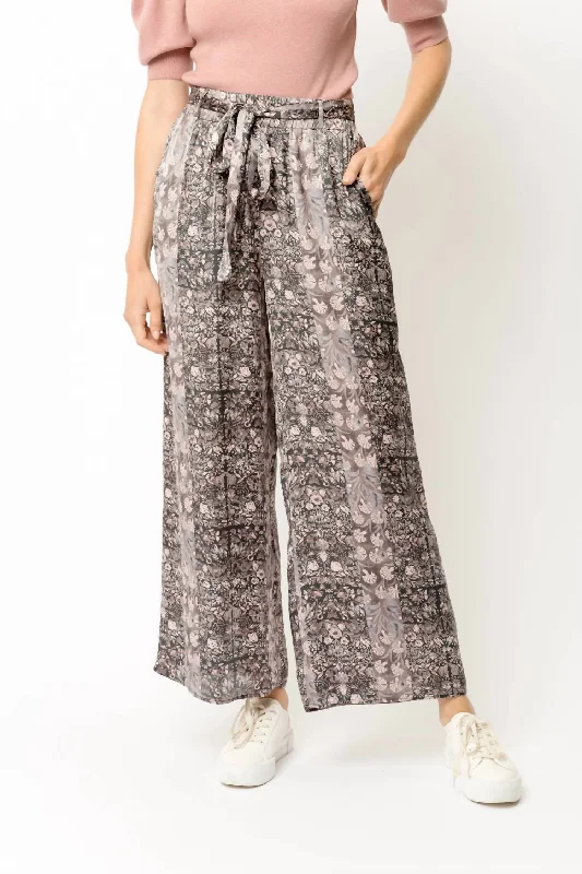 Floral Print Satin Wide Leg Pants In Charcoal