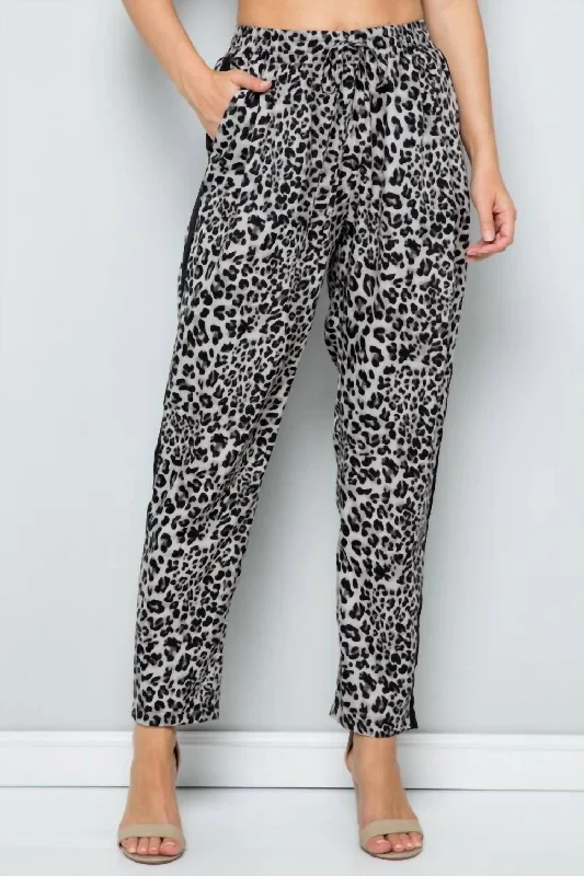 Leopard Print Straight Leg Pants In Grey