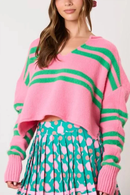 In A Rush Stripe Crop Sweater In Pink & Green