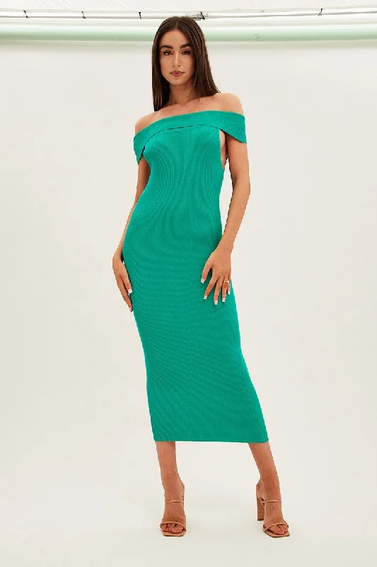 Green Off Shoulder Dress Knit Bodycon Knit