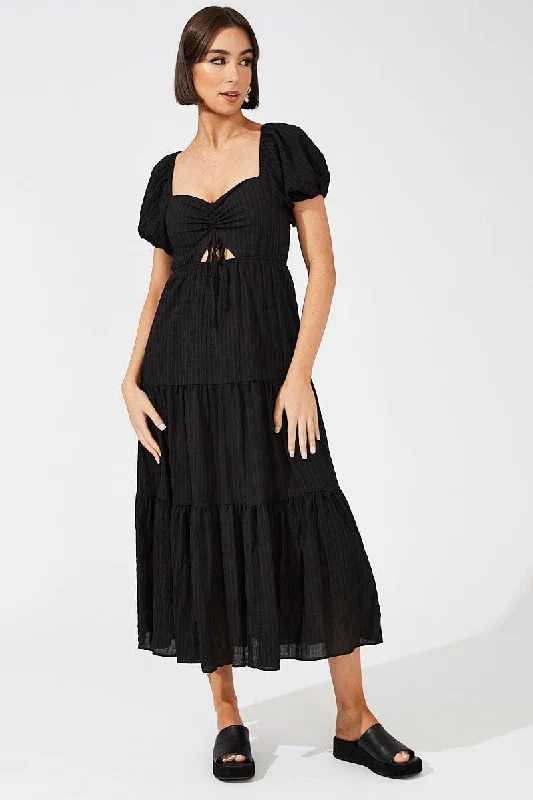 Black Midi Dress Puff Sleeve Ruch Front