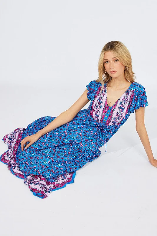 Blue Boho Maxi Dress Short Sleeve