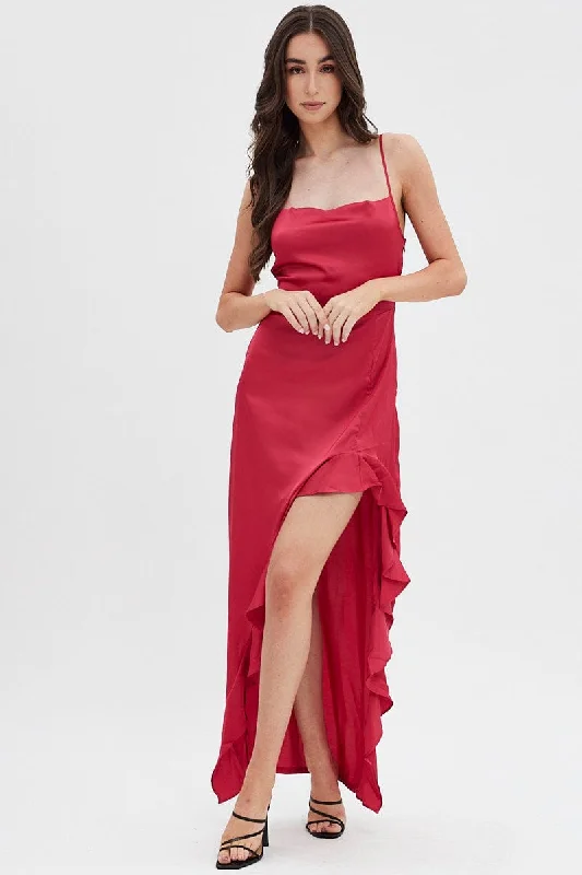 Red Ruffle Maxi Satin Cowl Neck Dress