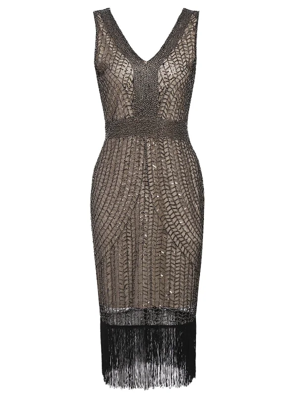 [US Warehouse] Apricot 1920s Sequin Fringe Flapper Dress